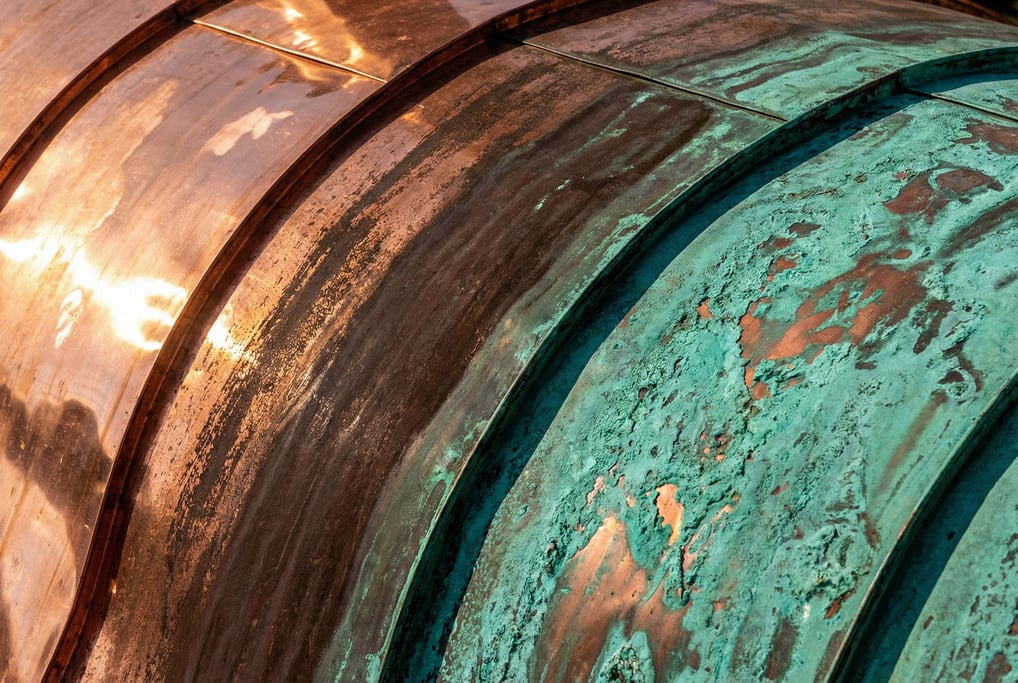 Aged copper roof patina in gradients filling the frame