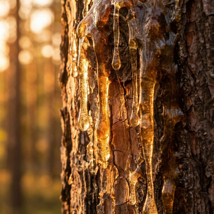 Dried sap amber running down bark seen in extreme close-up