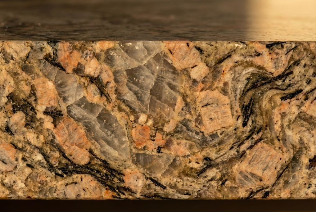 Granite countertop edge in polished cross-section filling the frame
