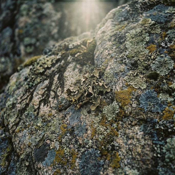 Extreme close-up of Lichen-covered granite, micro landscape of greens, yellows, and greys on rock (6yduxldi)