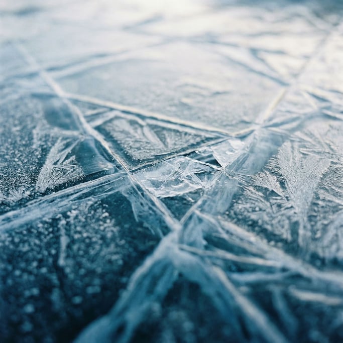 Extreme close-up of Ice sheet cracking, blue-white fracture lines across a frozen surface (i6zim8w9)