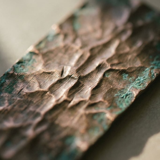 Extreme close-up of Hammered copper sheet with dents and oxidation turning green at the edges (mr)