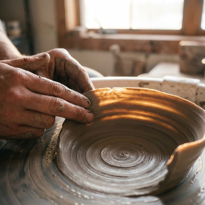 Extreme close-up of Wet clay being shaped on a wheel, fingerprints and spiral marks in the surface (q6zjv7a6)