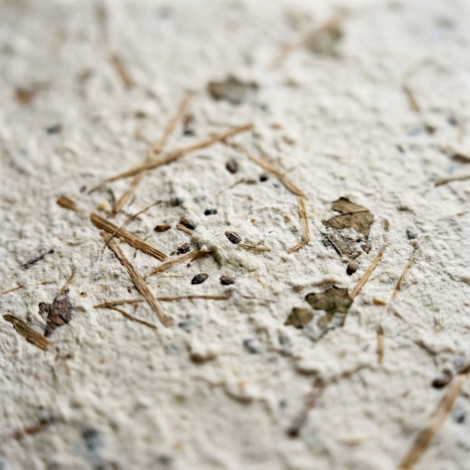Extreme close-up of Rough handmade paper with visible plant fibers and seeds embedded in the pulp (hxxitkfs)