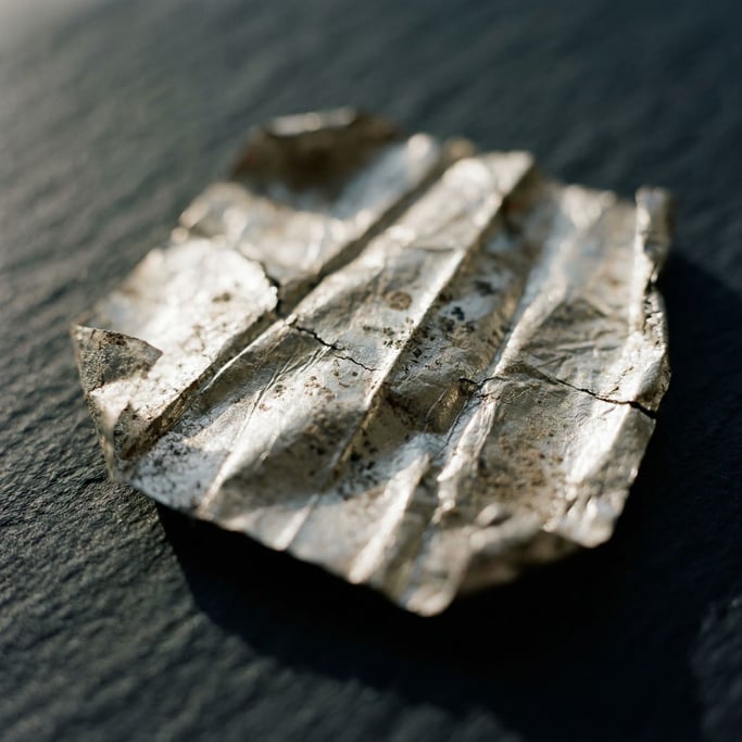 Extreme close-up of Crumpled silver leaf on a matte dark surface, fragile and luminous (xsxvx05)