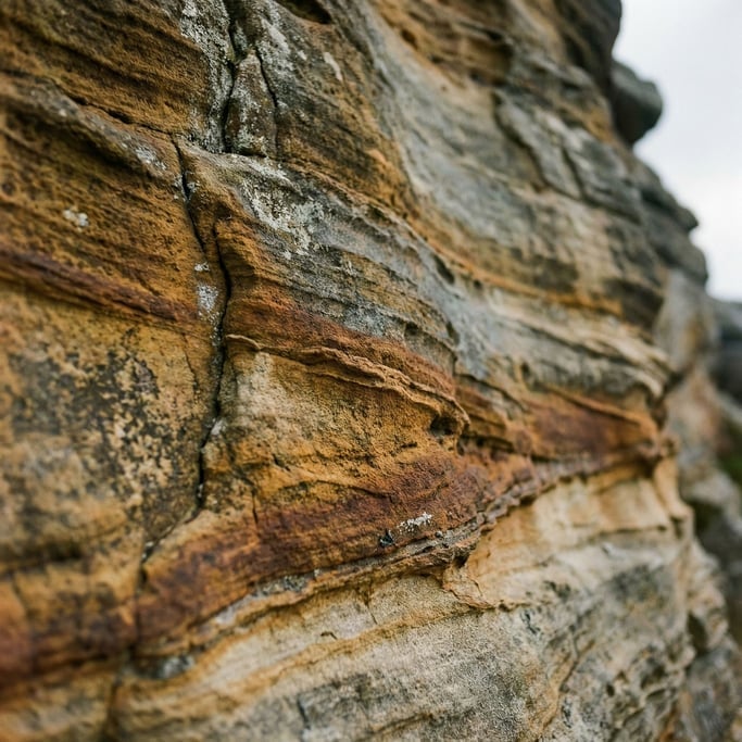 Extreme close-up of Layered sandstone cliff face, bands of color from millions of years of sediment (2yrjwyx2)