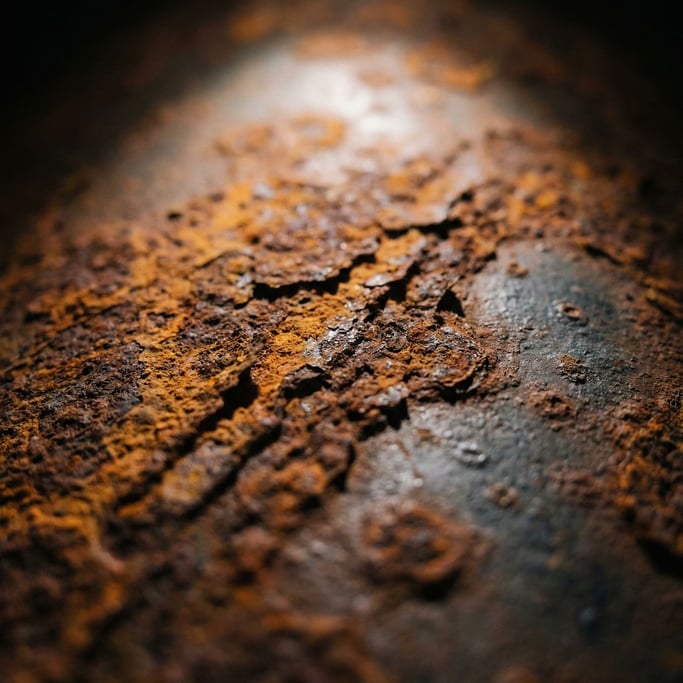 Extreme close-up of Rust forming on industrial steel, layers of corrosion over bare metal (7jdxwg)