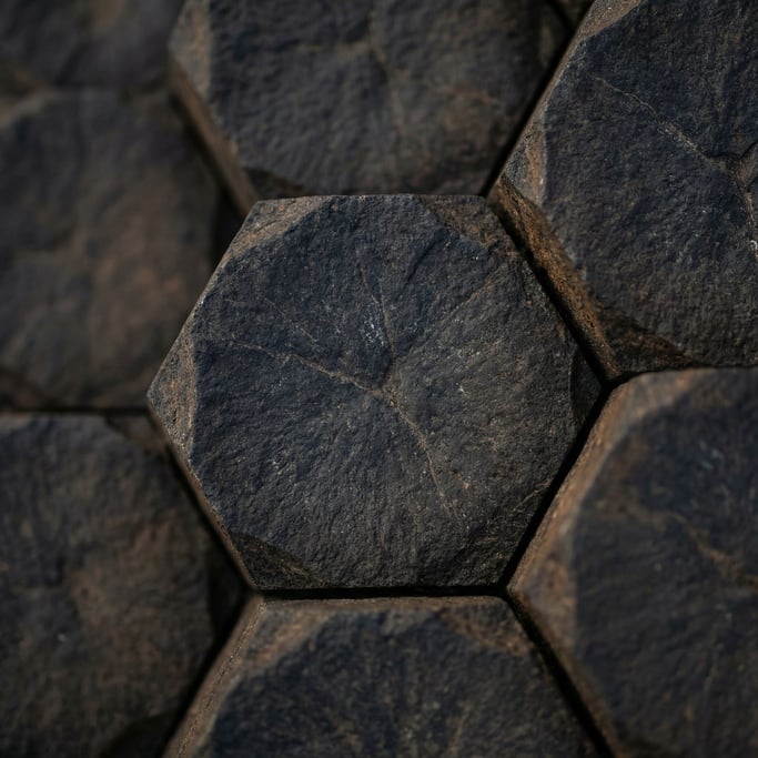 Extreme close-up of Volcanic basalt columns seen from above (e9itw1hf)