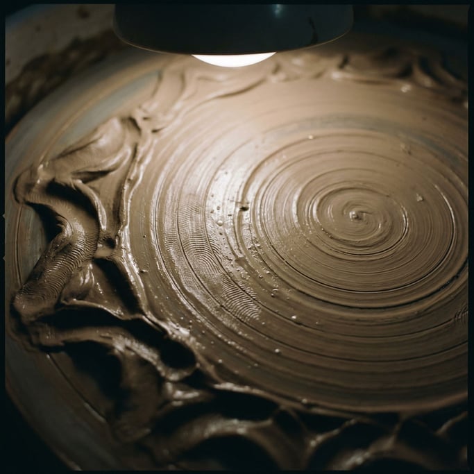 Extreme close-up of Wet clay being shaped on a wheel, fingerprints and spiral marks in the surface (k5n0rysl)