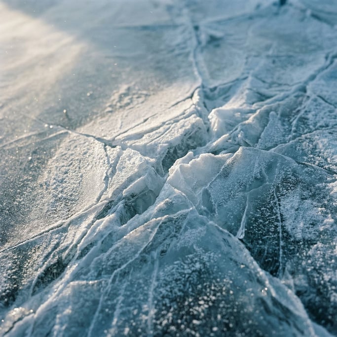 Extreme close-up of Ice sheet cracking, blue-white fracture lines across a frozen surface (gitsf9o4)