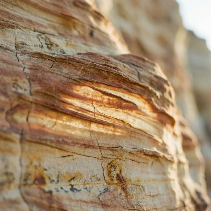 Extreme close-up of Layered sandstone cliff face, bands of color from millions of years of sediment (xddrrjax)