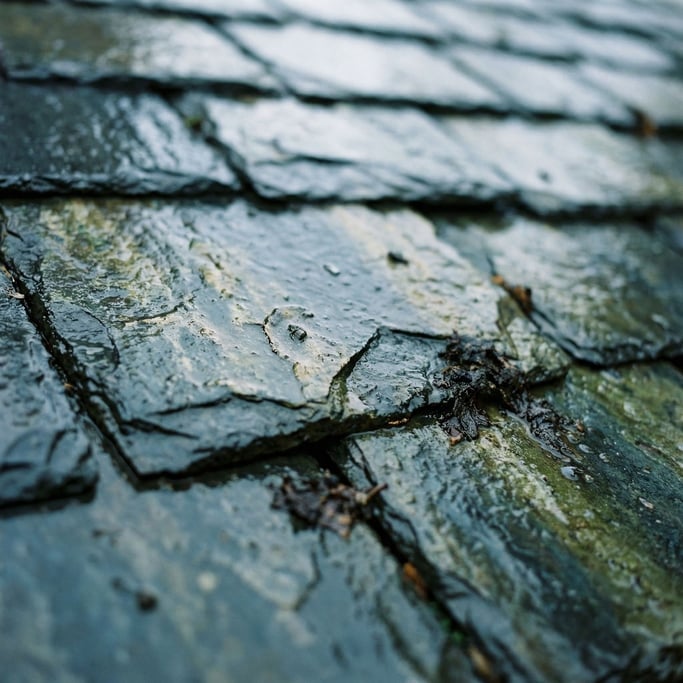 Extreme close-up of Wet dark slate tiles, reflective surface with cool blue undertones (5kwigeib)