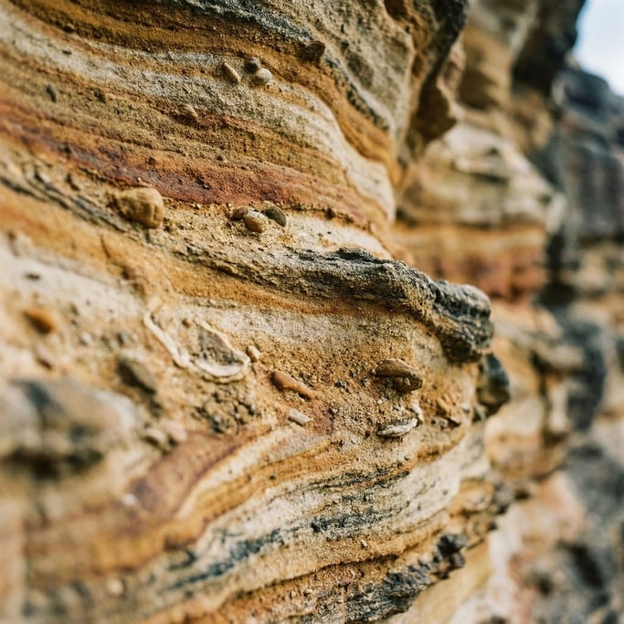 Extreme close-up of Layered sandstone cliff face, bands of color from millions of years of sediment (jomrpur9)