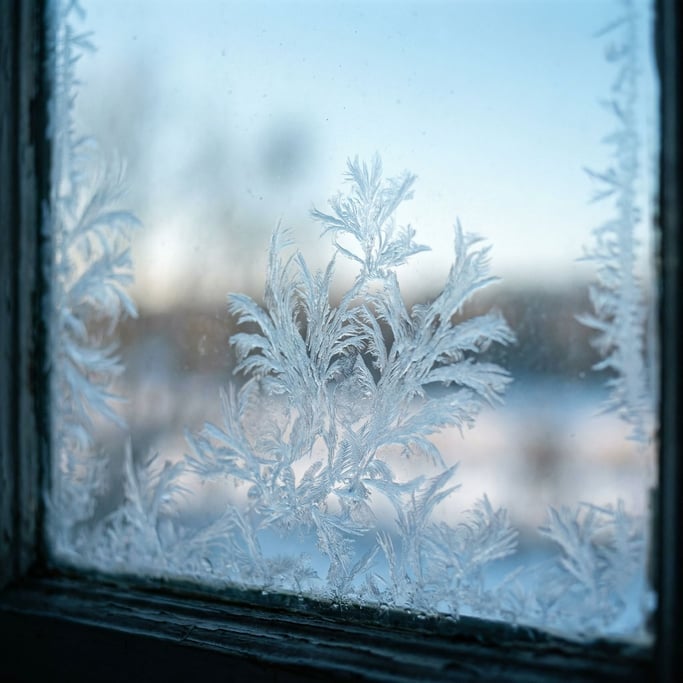 Extreme close-up of Frost crystals forming on dark glass (715imc2c)