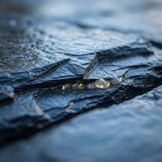 Extreme close-up of Wet dark slate tiles, reflective surface with cool blue undertones (yohftamz)