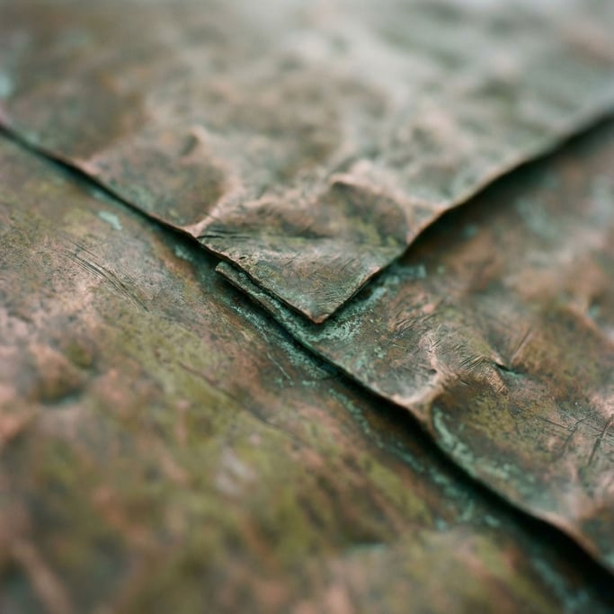 Extreme close-up of Hammered copper sheet with dents and oxidation turning green at the edges (f3fman7l)