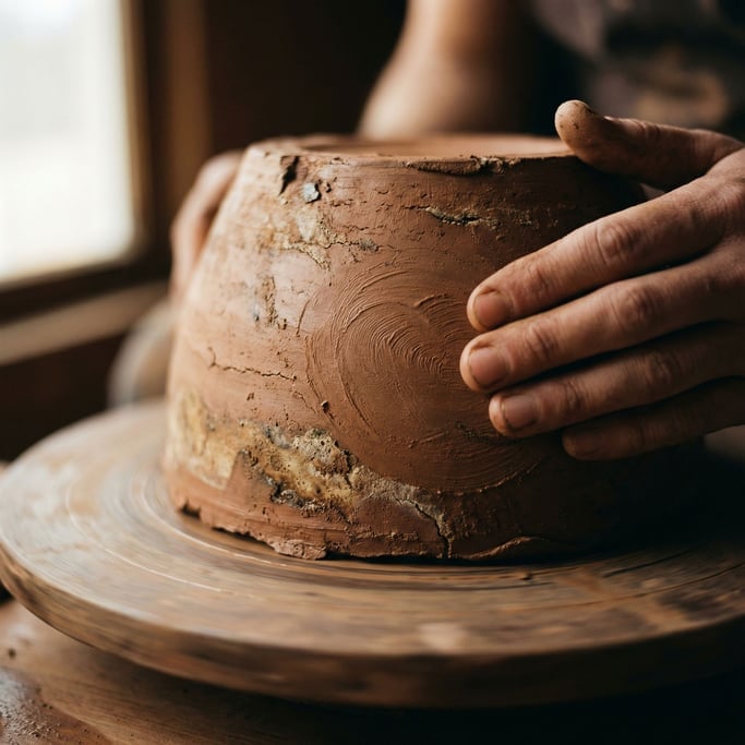 Extreme close-up of Wet clay being shaped on a wheel, fingerprints and spiral marks in the surface (xhrrptlo)