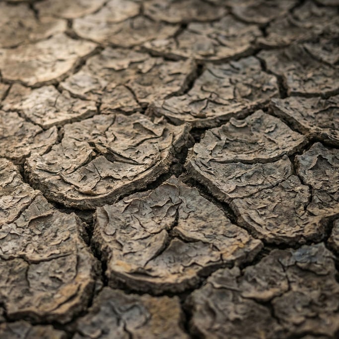 Extreme close-up of Cracked dried earth in a riverbed (otb7hth5)