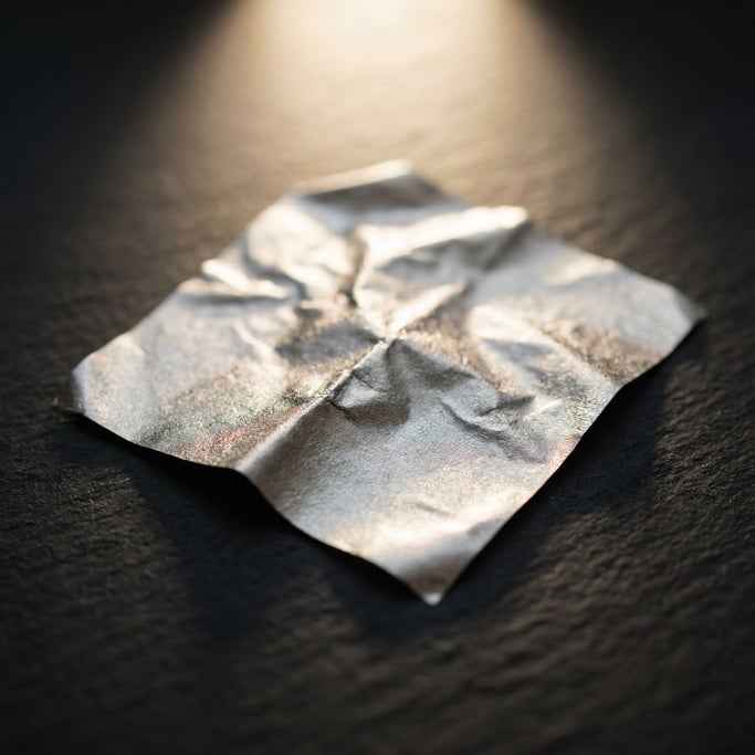 Extreme close-up of Crumpled silver leaf on a matte dark surface, fragile and luminous (sh4xqhfm)