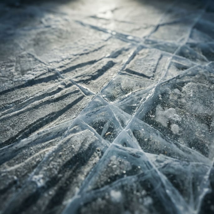 Extreme close-up of Ice sheet cracking, blue-white fracture lines across a frozen surface