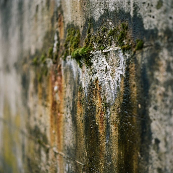 Extreme close-up of Old concrete wall with water stains, moss growth, and mineral deposits (rtrstfpa)