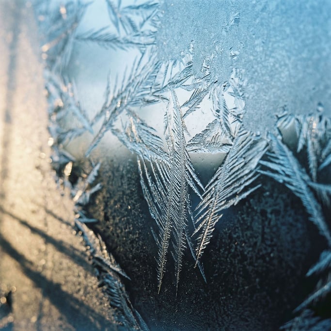 Extreme close-up of Frost crystals forming on dark glass