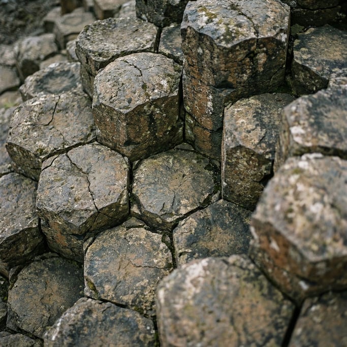 Extreme close-up of Volcanic basalt columns seen from above (0cqy54qs)