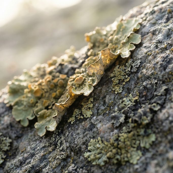 Extreme close-up of Lichen-covered granite, micro landscape of greens, yellows, and greys on rock