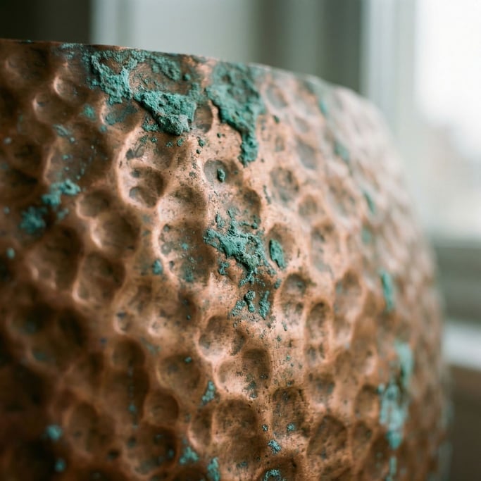 Extreme close-up of Hammered copper sheet with dents and oxidation turning green at the edges