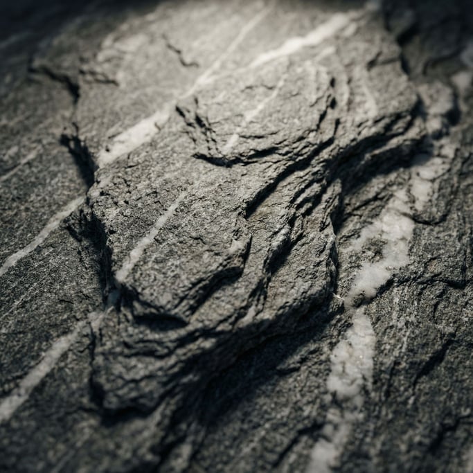 Extreme close-up of Polished dark granite with veins of white quartz running through, cool and heavy (xs3l2vk)
