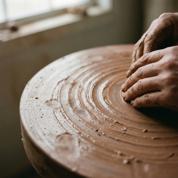 Extreme close-up of Wet clay being shaped on a wheel, fingerprints and spiral marks in the surface (lf)