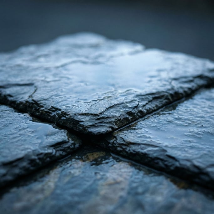 Extreme close-up of Wet dark slate tiles, reflective surface with cool blue undertones