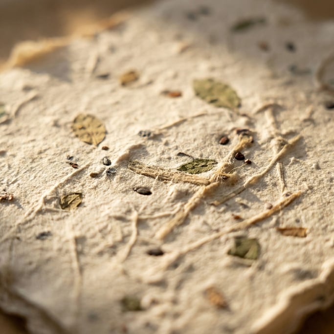 Extreme close-up of Rough handmade paper with visible plant fibers and seeds embedded in the pulp