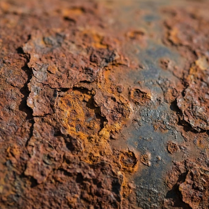Extreme close-up of Rust forming on industrial steel, layers of corrosion over bare metal