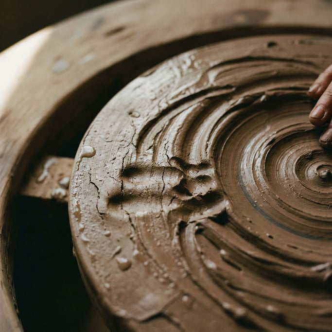 Extreme close-up of Wet clay being shaped on a wheel, fingerprints and spiral marks in the surface