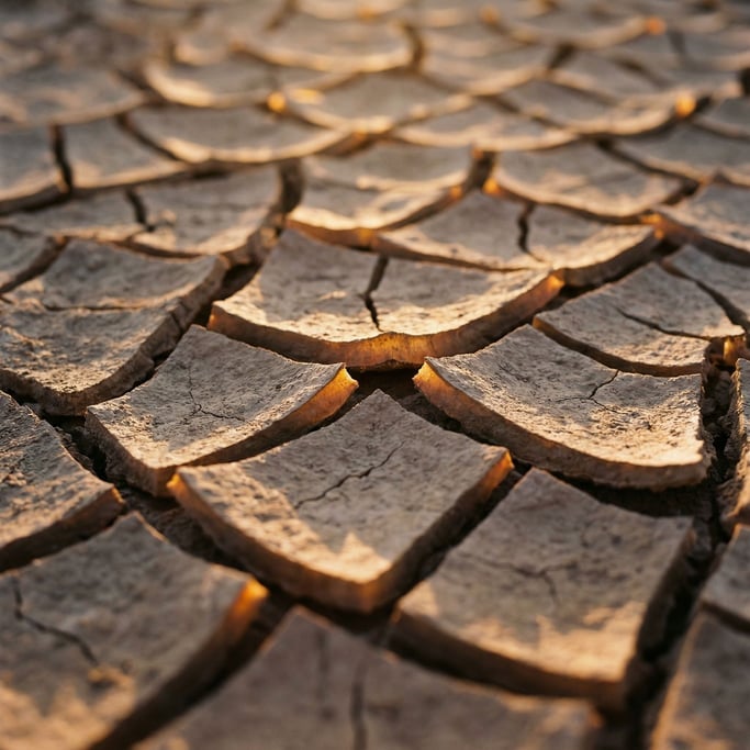 Extreme close-up of Cracked dried earth in a riverbed (81sk1dpn)