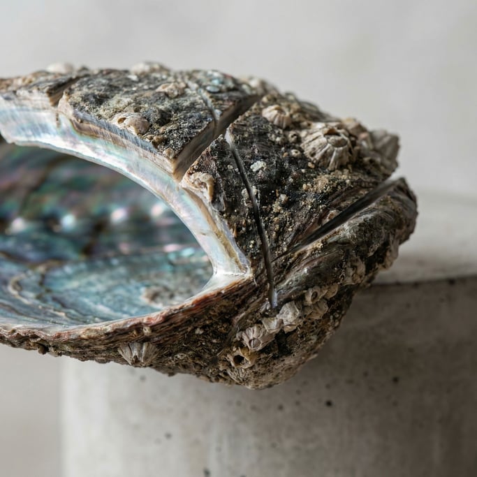 Abalone shell exterior, rough and barnacle-encrusted, contrasting the iridescent interior (bauyhwbs)