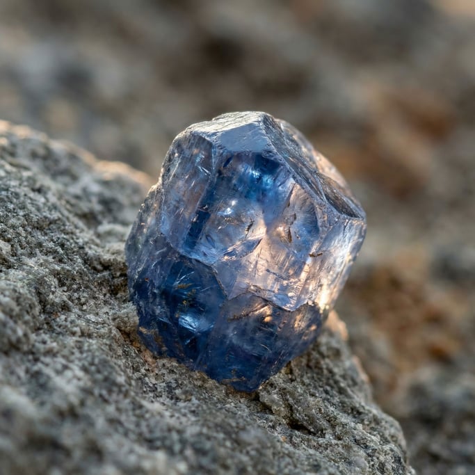 Extreme close-up of Raw uncut sapphire crystal embedded in host rock