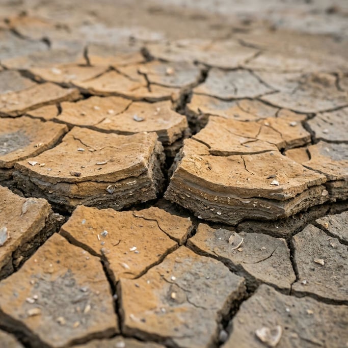 Extreme close-up of Cracked dried earth in a riverbed (pzzwzwkk)