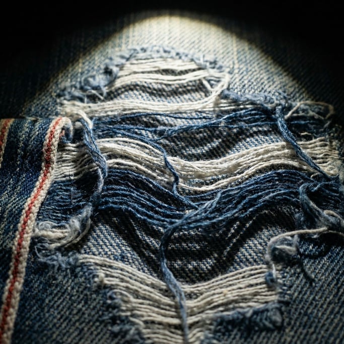 Extreme close-up of Raw denim fabric macro, indigo threads against white weft, visible selvedge edge (in28wlvr)