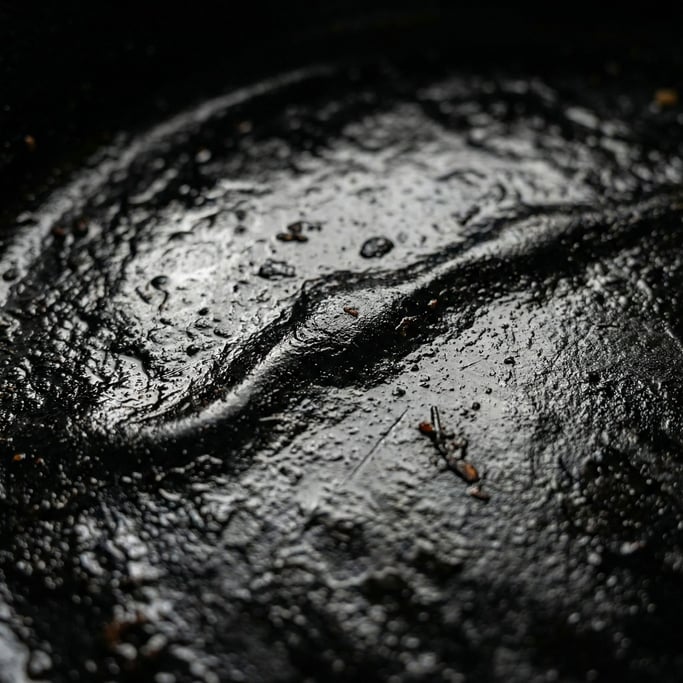Cast iron skillet surface, decades of seasoning creating a glossy black patina