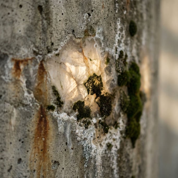 Extreme close-up of Old concrete wall with water stains, moss growth, and mineral deposits (kfl5xtww)
