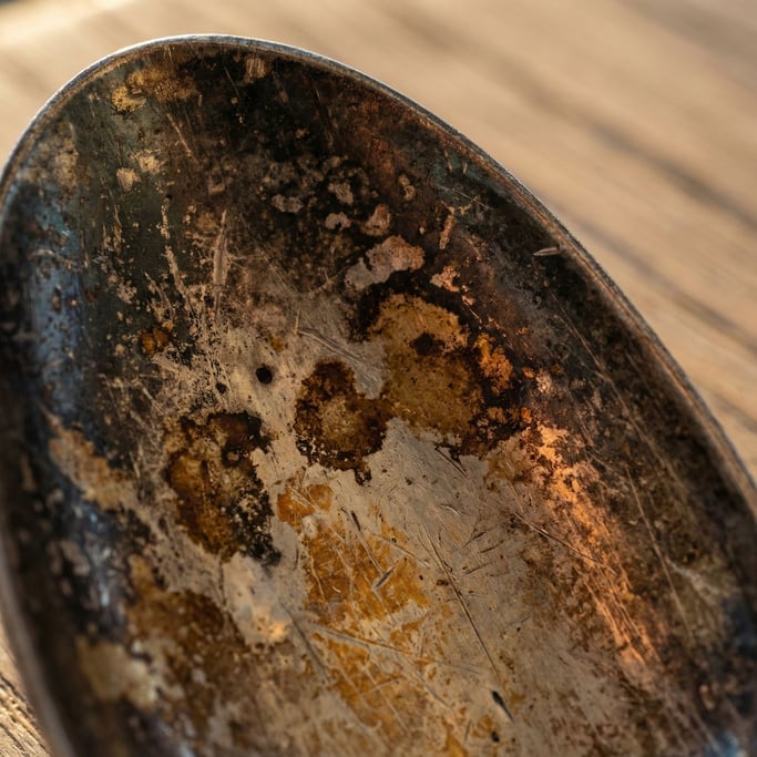 Extreme close-up of Tarnished silver flatware surface (gvuktvnw)