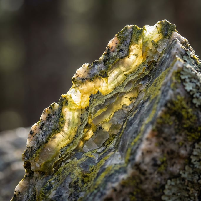 Lichen-covered granite, micro landscape of greens, yellows, and greys on rock (l9rbu1k)