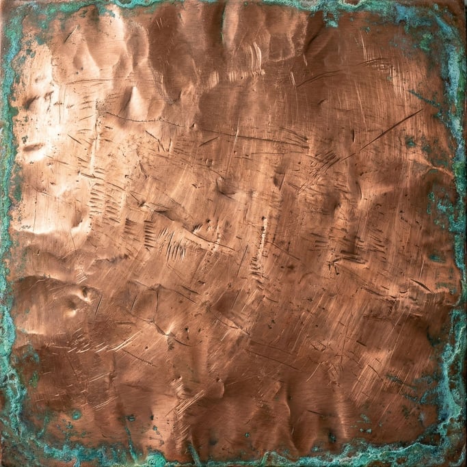 Detail photograph of Hammered copper sheet with dents and oxidation turning green at the edges (1aypu43z)