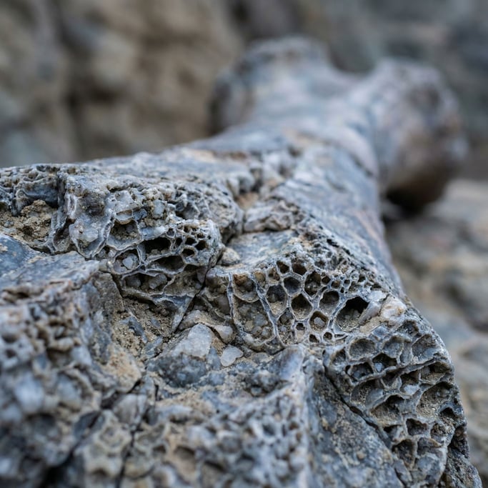 Dinosaur bone fossil in macro, mineralized cell structure visible, millions of years in one frame (vbrlsyox)