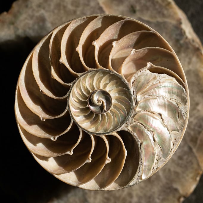 A cross-section of a nautilus shell, the perfect logarithmic spiral in pearlescent nacre (u5bf81b)