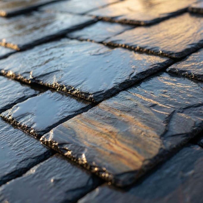Detail photograph of Wet dark slate tiles, reflective surface with cool blue undertones (idmepzuu)