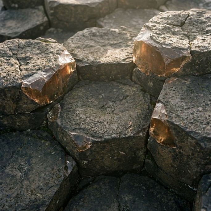 Extreme close-up of Volcanic basalt columns seen from above (svu0emy)