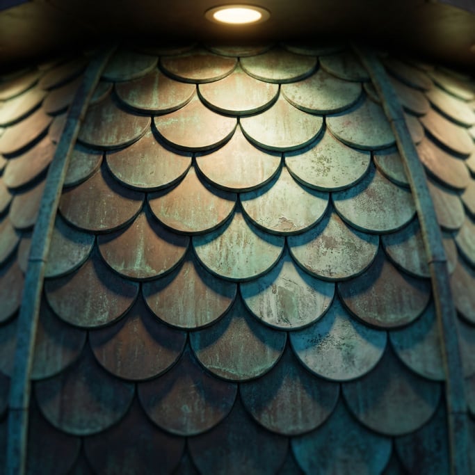 Weathered copper roof tiles, each one a different stage of green patina formation